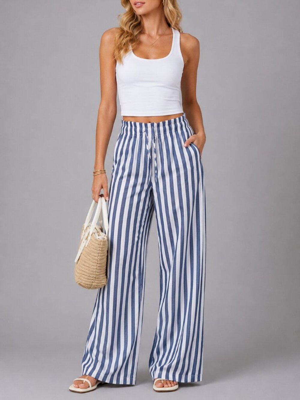 Women's Cotton Blue Striped Wide Leg Pants Casual Summer Beach Drawstring Trouse
